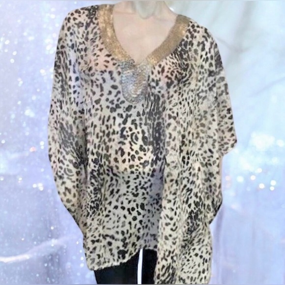 Joan Boyce Black/White Chiffon Tunic V-Neck w/Silver Beaded Trim Missy NWT $99 - Picture 7 of 8